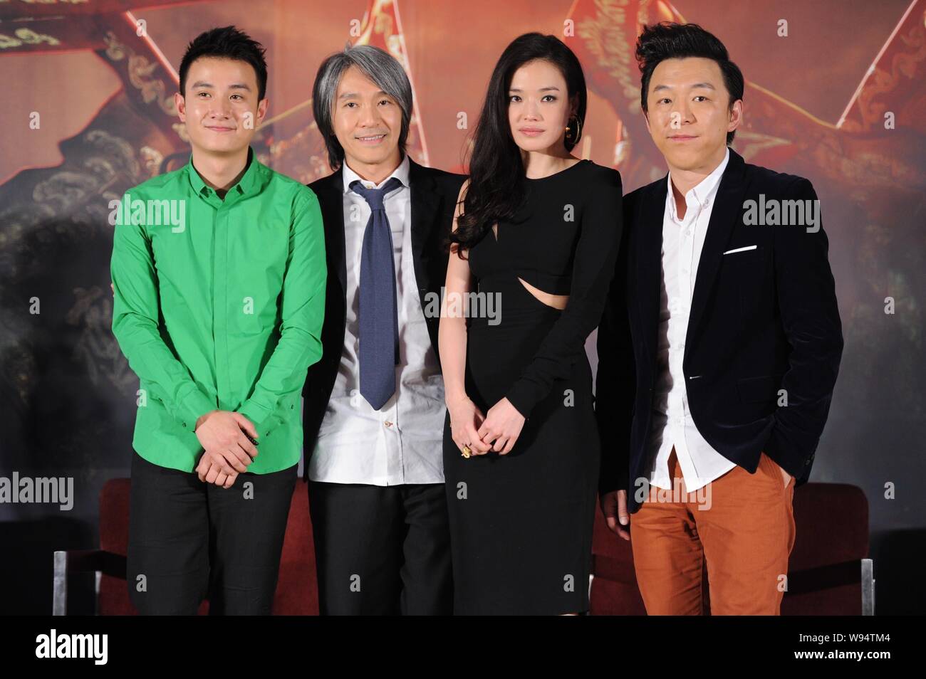 Cast members, from left, Chinese actor Wen Zhang, Hong Kong director Stephen Chow, Tianwanese actress Shu Qi and Chinese actor Huang Bo pose for a gro Stock Photo