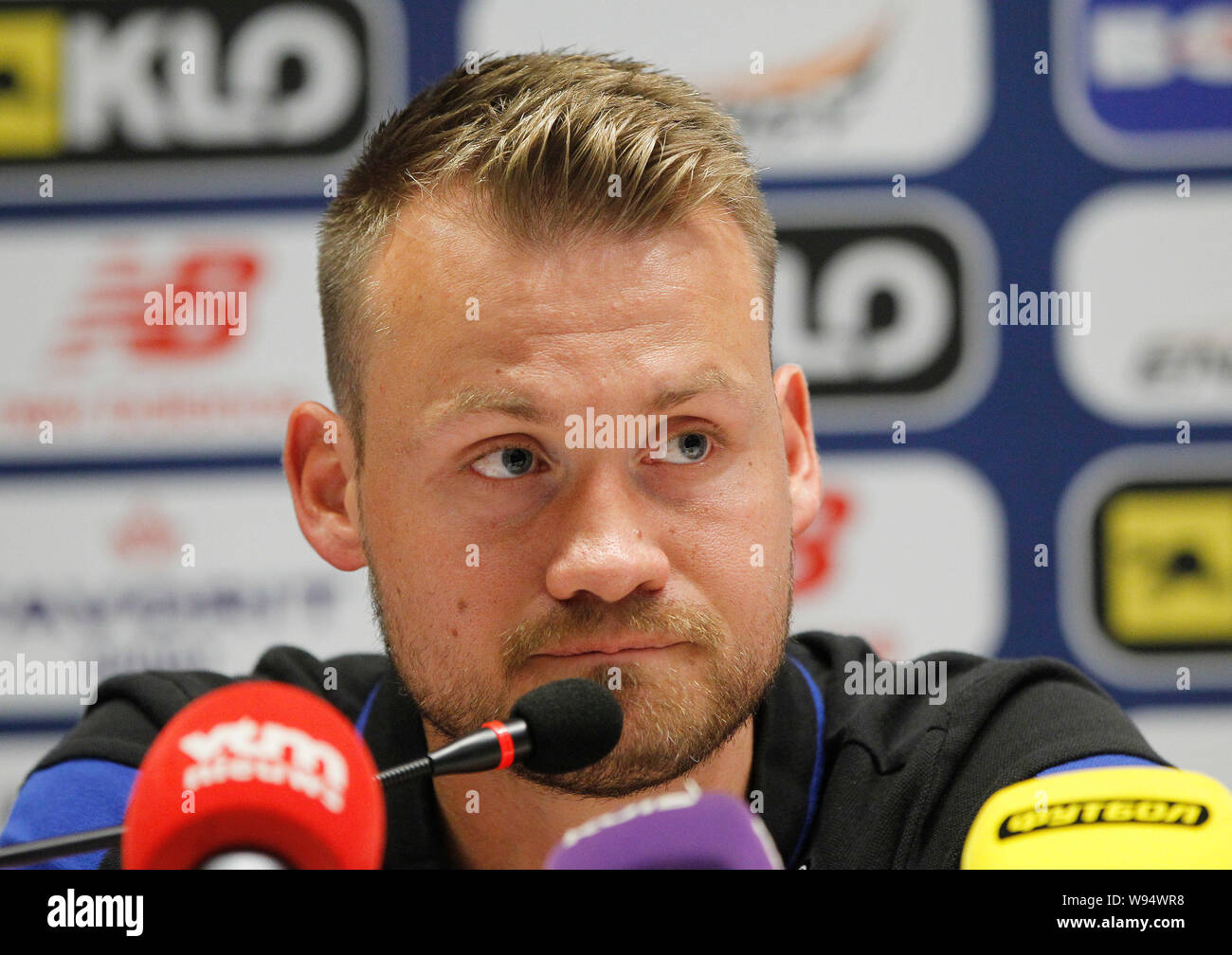 Brugge's Belgium goalkeeper Simon Mignolet attends a press conference at the NSC Olimpiyskiy stadium in Kiev. Club Brugge will face Dynamo Kyiv on the UEFA Champions League third qualifying round second leg football match at the NSC Olimpiyskiy stadium in Kiev 13 August. Stock Photo