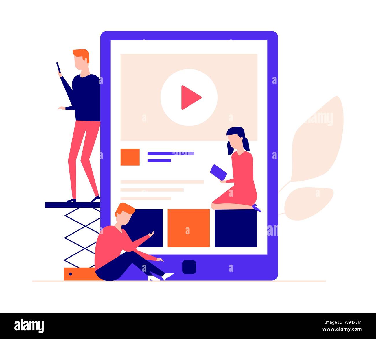 Children studying online - flat design style colorful illustration. High quality composition with students, boys and a girl watching video tutorial on Stock Vector