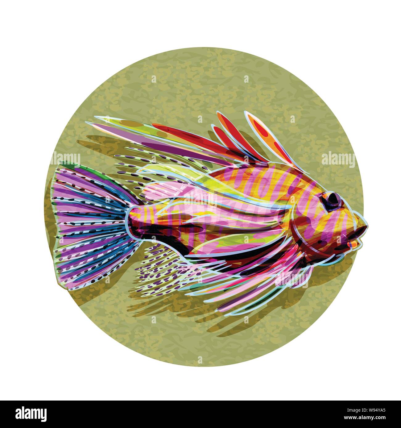Loosely rendered, crayon colourful, tropical fish on a textured background with a drop shadow underneath it Stock Vector