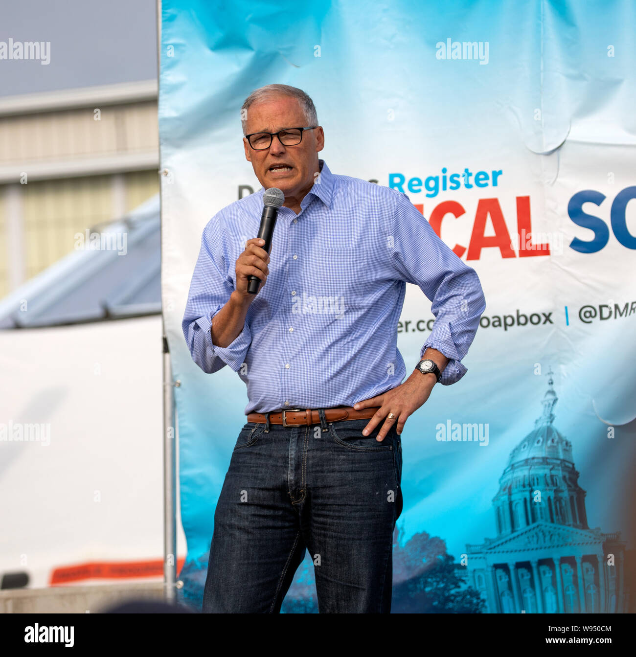 Des Moines, Iowa / USA - August 10, 2019: Washington Governor and Democratic presidential candidate Jay Inslee greets supporters at the Iowa State Fai Stock Photo