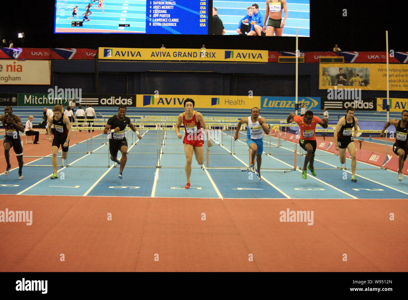 Chinas Liu Xiang, fourth left, and other hurdlers compete in the mens 60m hurdles final during the Aviva Grand Prix athletics meeting at the National Stock Photo