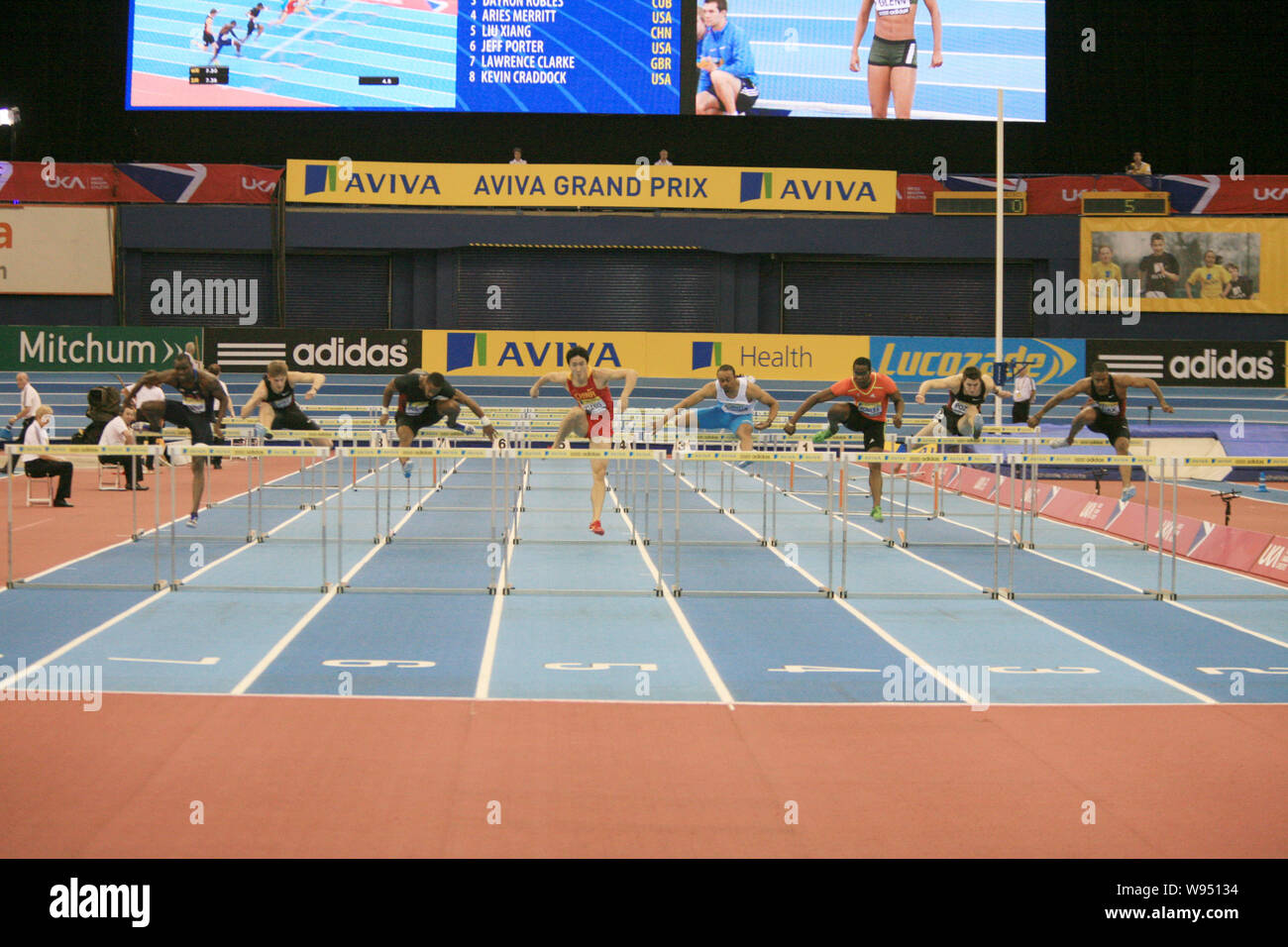 Chinas Liu Xiang, fourth left, and other hurdlers compete in the mens 60m hurdles final during the Aviva Grand Prix athletics meeting at the National Stock Photo