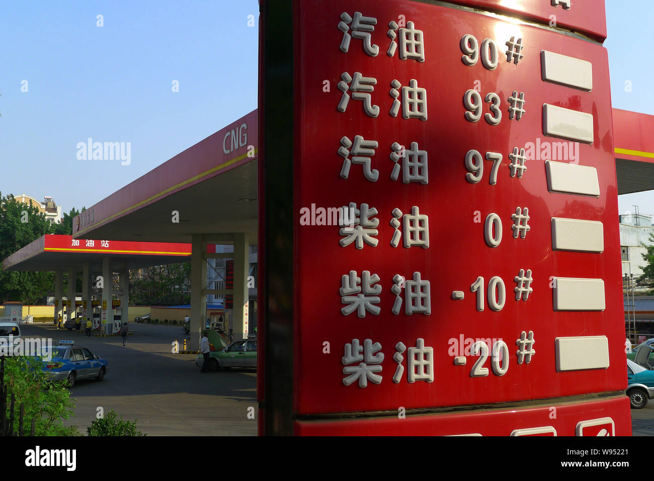 View of a fuel price board at a gas station in Qingdao east