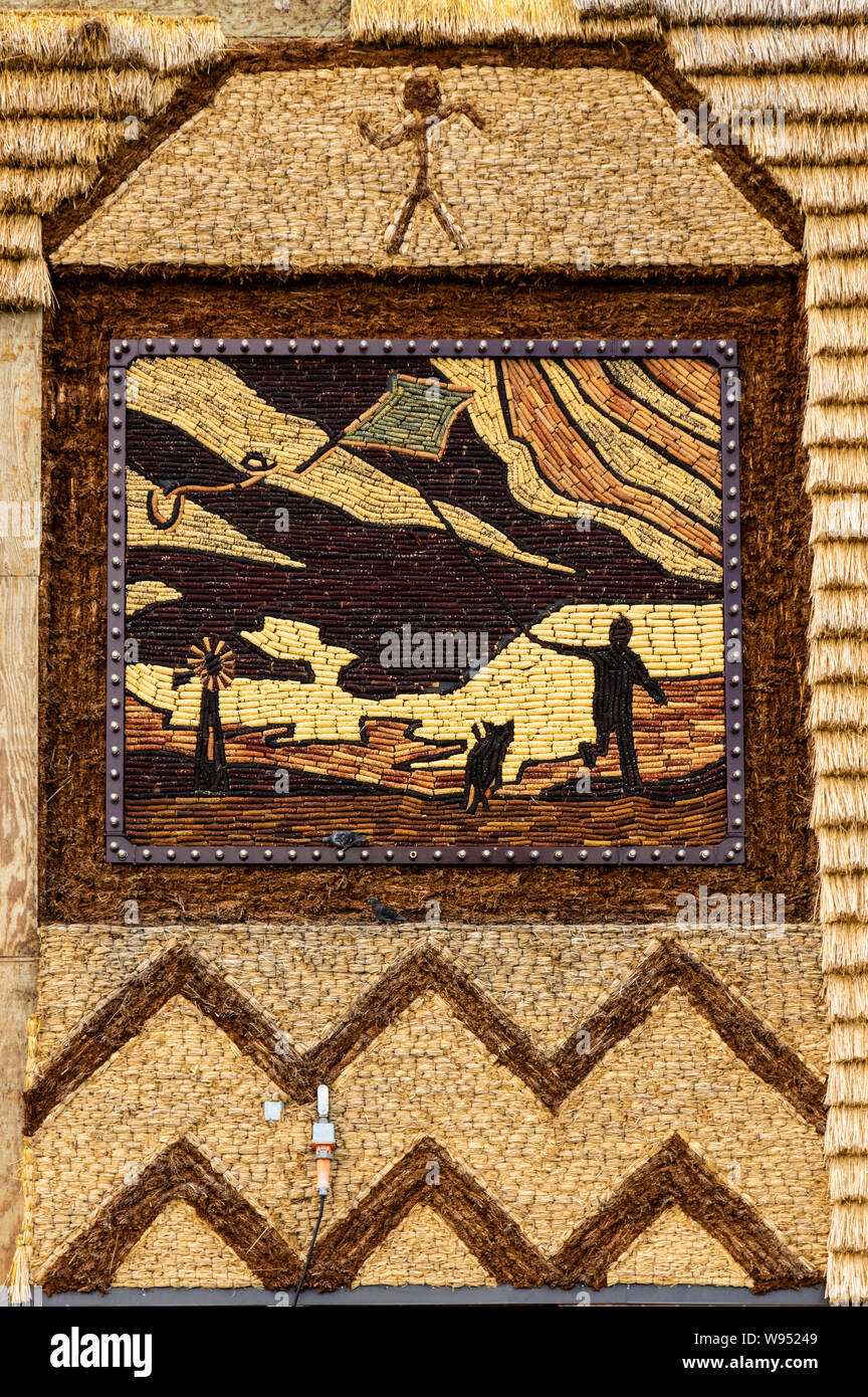 Art panels made of corn at the world's only corn palace, located in Mitchell South Dakota Stock Photo
