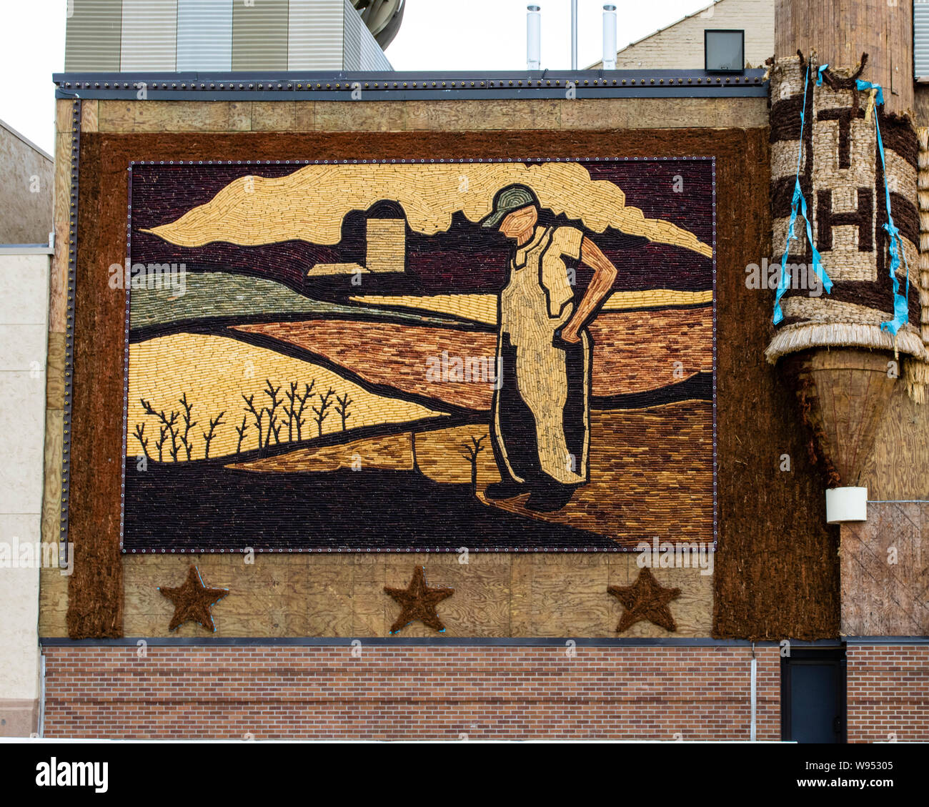 Art panels made of corn at the world's only corn palace, located in Mitchell South Dakota Stock Photo