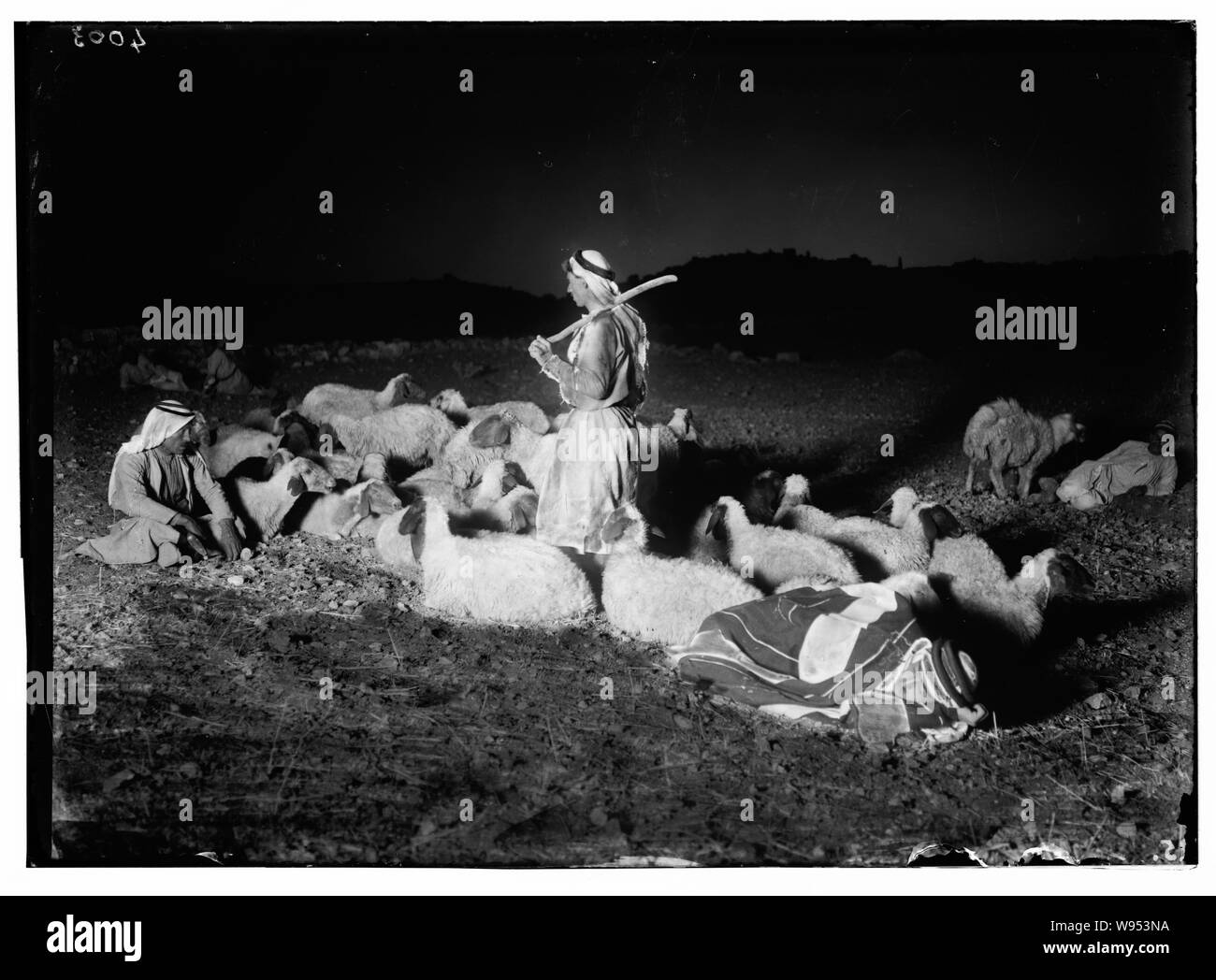 Agriculture, etc. Shepherd scenes. While shepherds watched their flocks. Night scene showing Bethlehem in distance Stock Photo