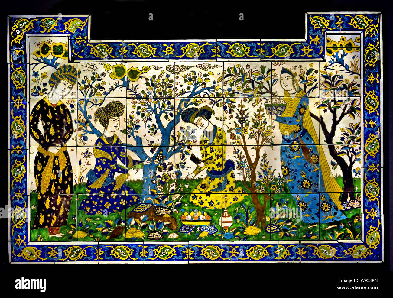 A panel depicting Poetry Contest (17th century) Islamic Art - 17th Century - Iran, Isfahan Ispahan Iran Iranian Islamic art  ( Isfahan flourished from 1050 to 1722, particularly in the 16th and 17th centuries under the Safavid dynasty when it became the capital of Persia for the second time in its history under Shah Abbas the Great Stock Photo