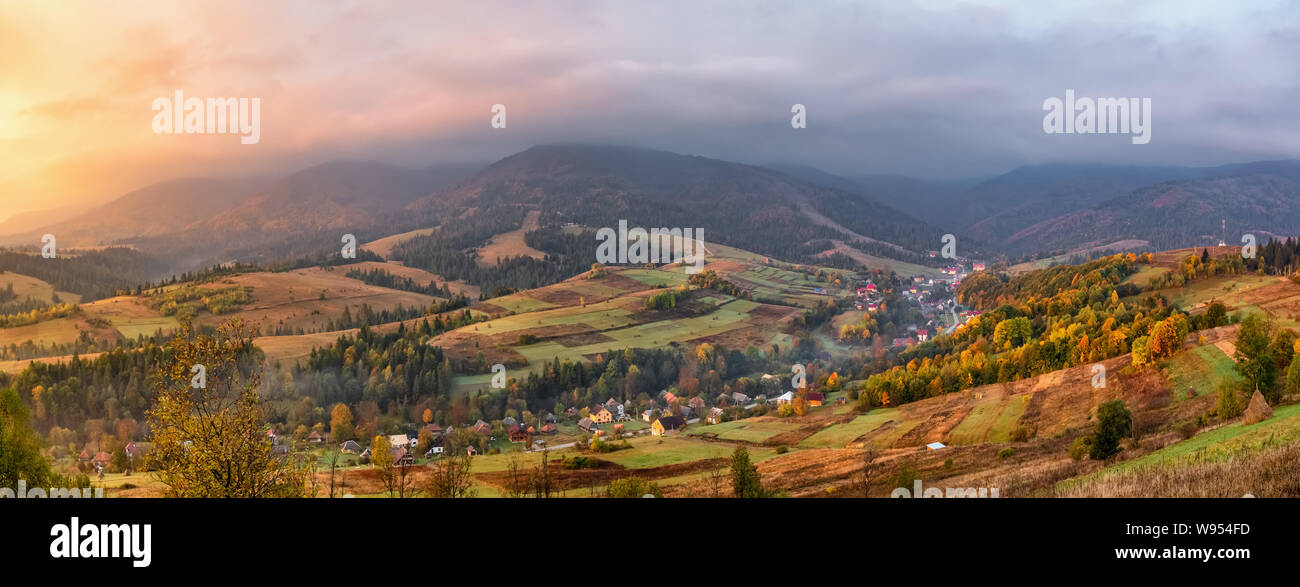 Colorful autumn panorama landscape in the mountain village Stock Photo ...