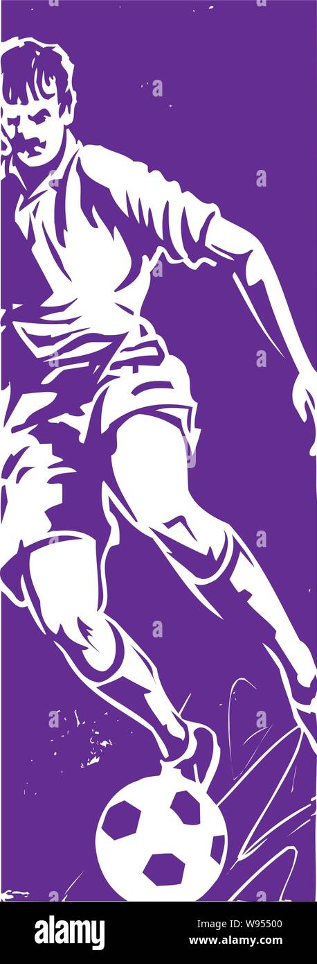 Soccer player reversed out line art from a dark verticle background with loose squggly lines around the soccer ball bleading off the edges Stock Vector