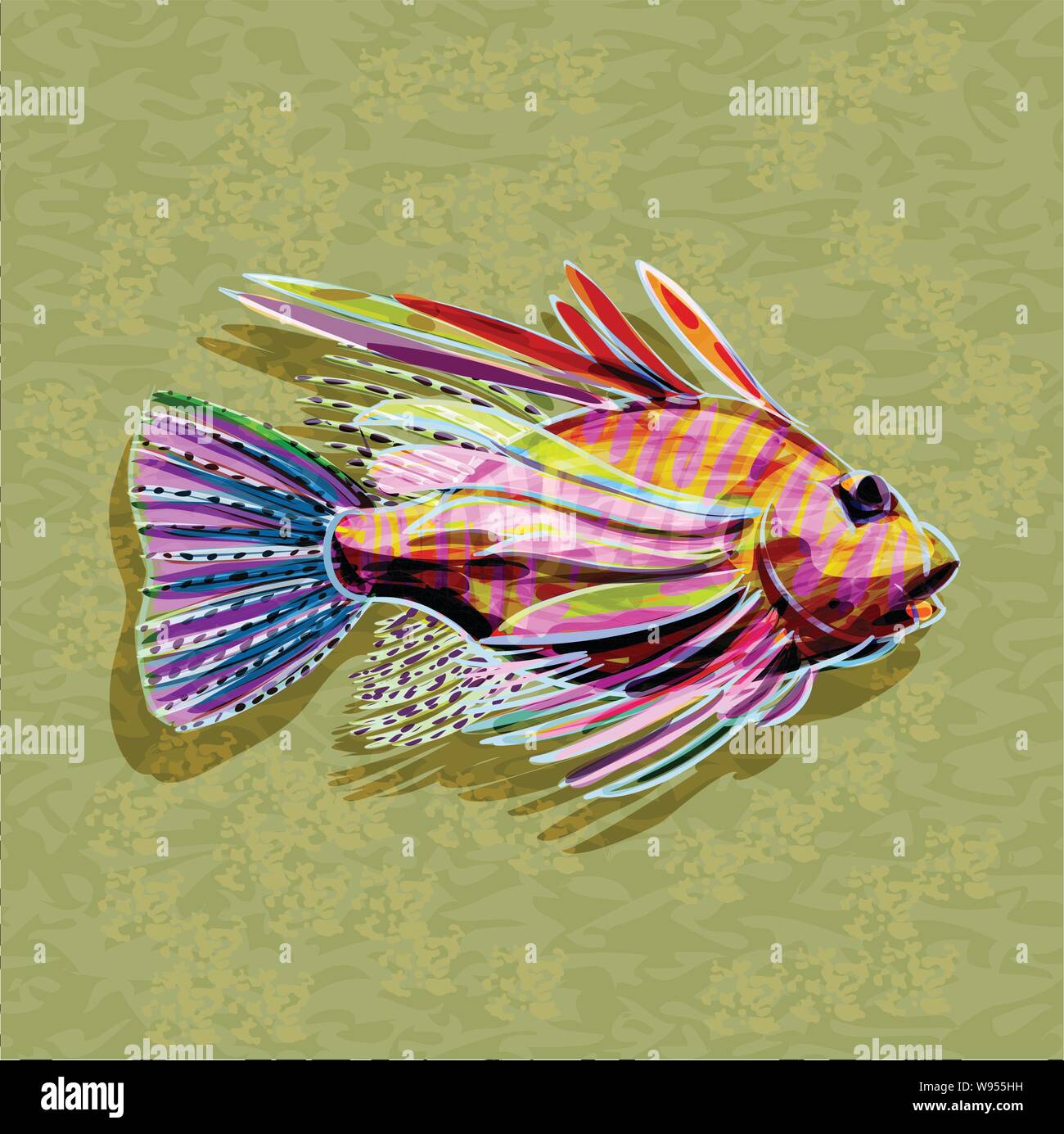 Loosely rendered, crayon colourful, tropical fish on a textured background with a drop shadow underneath it Stock Vector