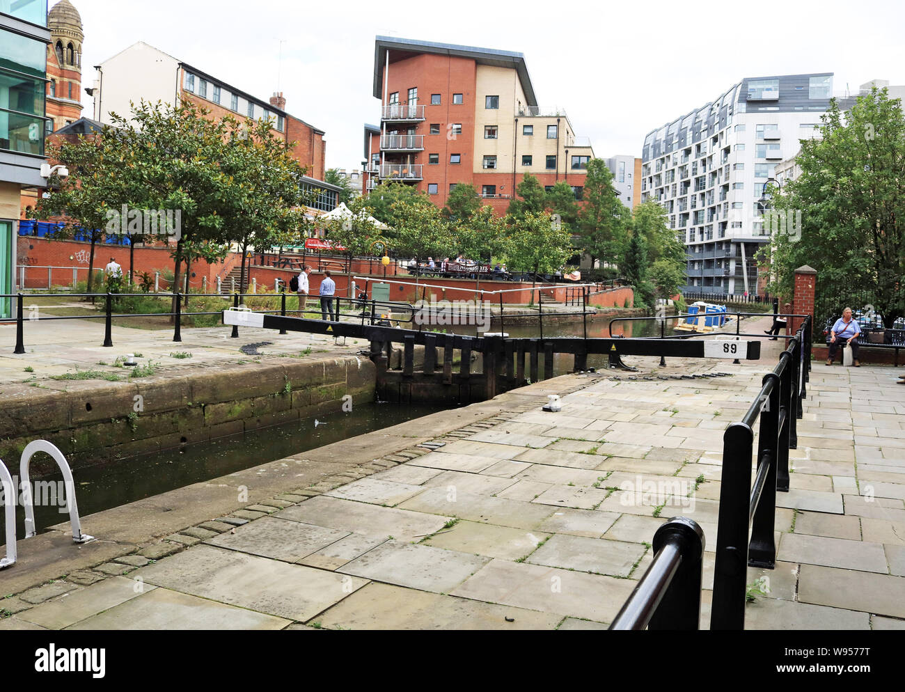 Safety fencing recently installed around Tib Lock on The Rochdale canal in central Manchester. This followed drowning accident in March 2018 Stock Photo