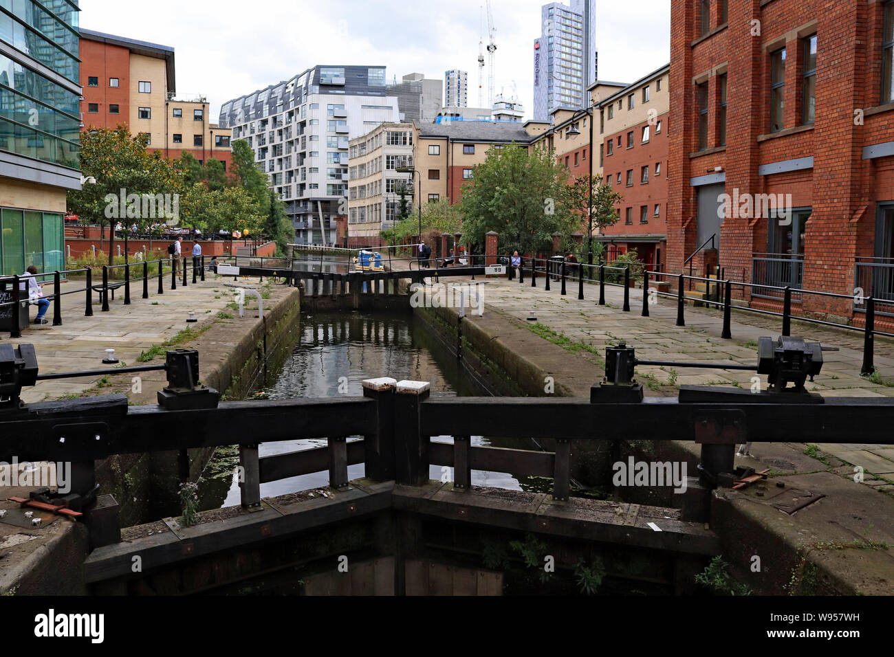 Safety fencing recently installed around wide Tib Lock on The Rochdale canal in central Manchester. This followed a drowning accident in March 2018 Stock Photo