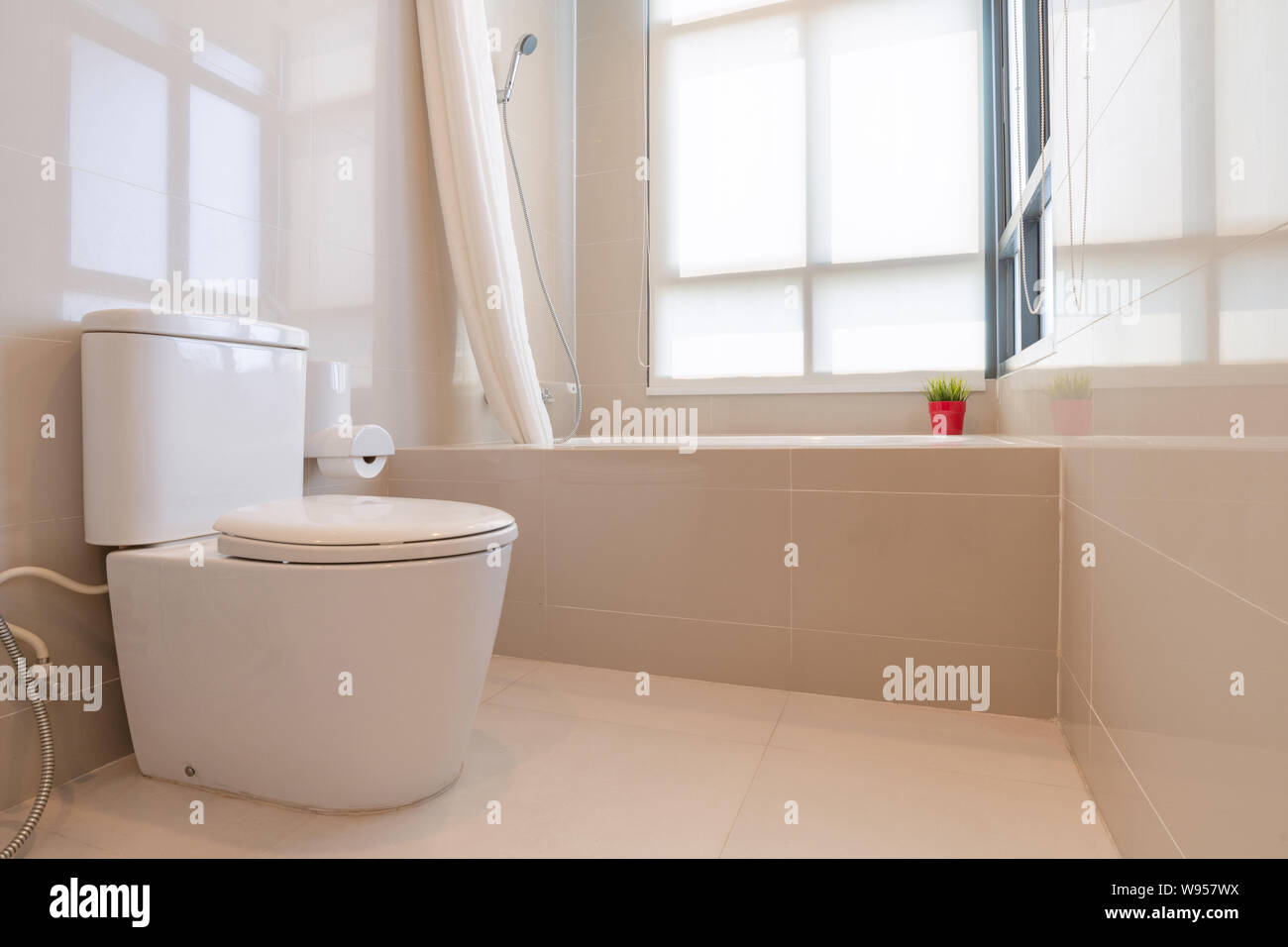 Interior of modern design home bathroom with shower and toilet Stock Photo
