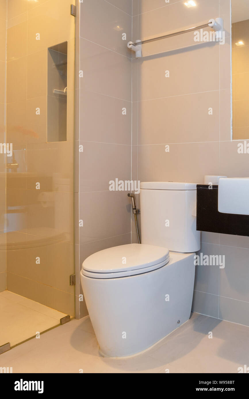Interior of modern design home bathroom with shower and toilet Stock ...
