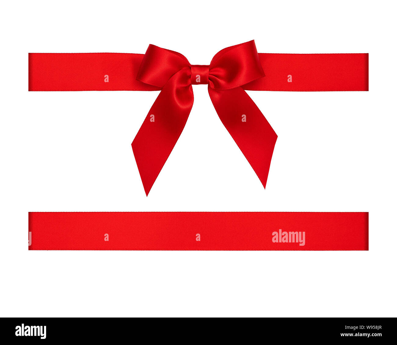 Red ribbon bow for gift box cut out and isolated on white background Stock Photo