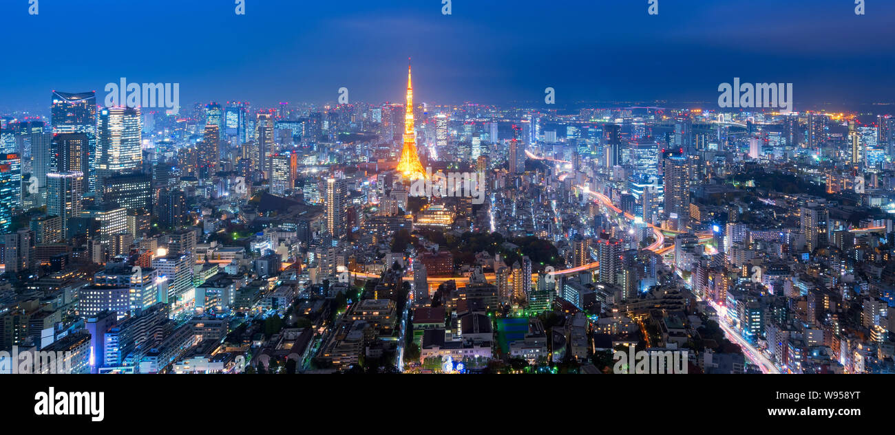Panorama view over Tokyo tower and Tokyo cityscape view from Roppongi Hills at night in Tokyo,Japan Stock Photo