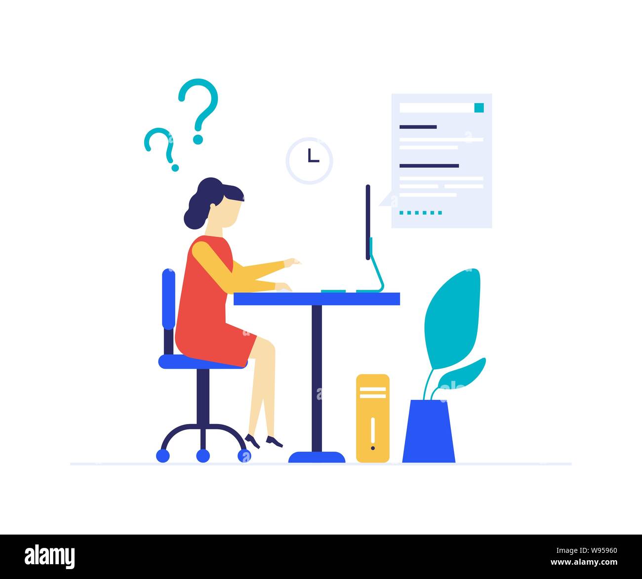 Girl studying online - flat design style colorful illustration on white background. A composition with a student sitting at the computer, doing homewo Stock Vector