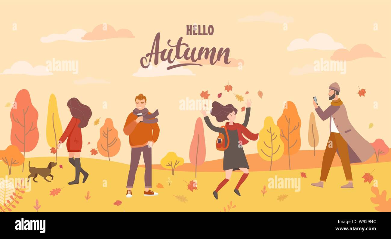 People in the autumn park in different situations - playing with the dog, jumping with fall leaves, man with phone and hipster with coffee. Men,women. Stock Vector