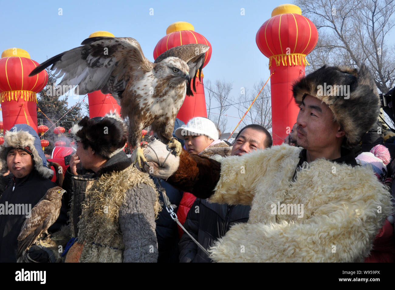 Chinese hunters show their falcons during the Second Manchu Falcon