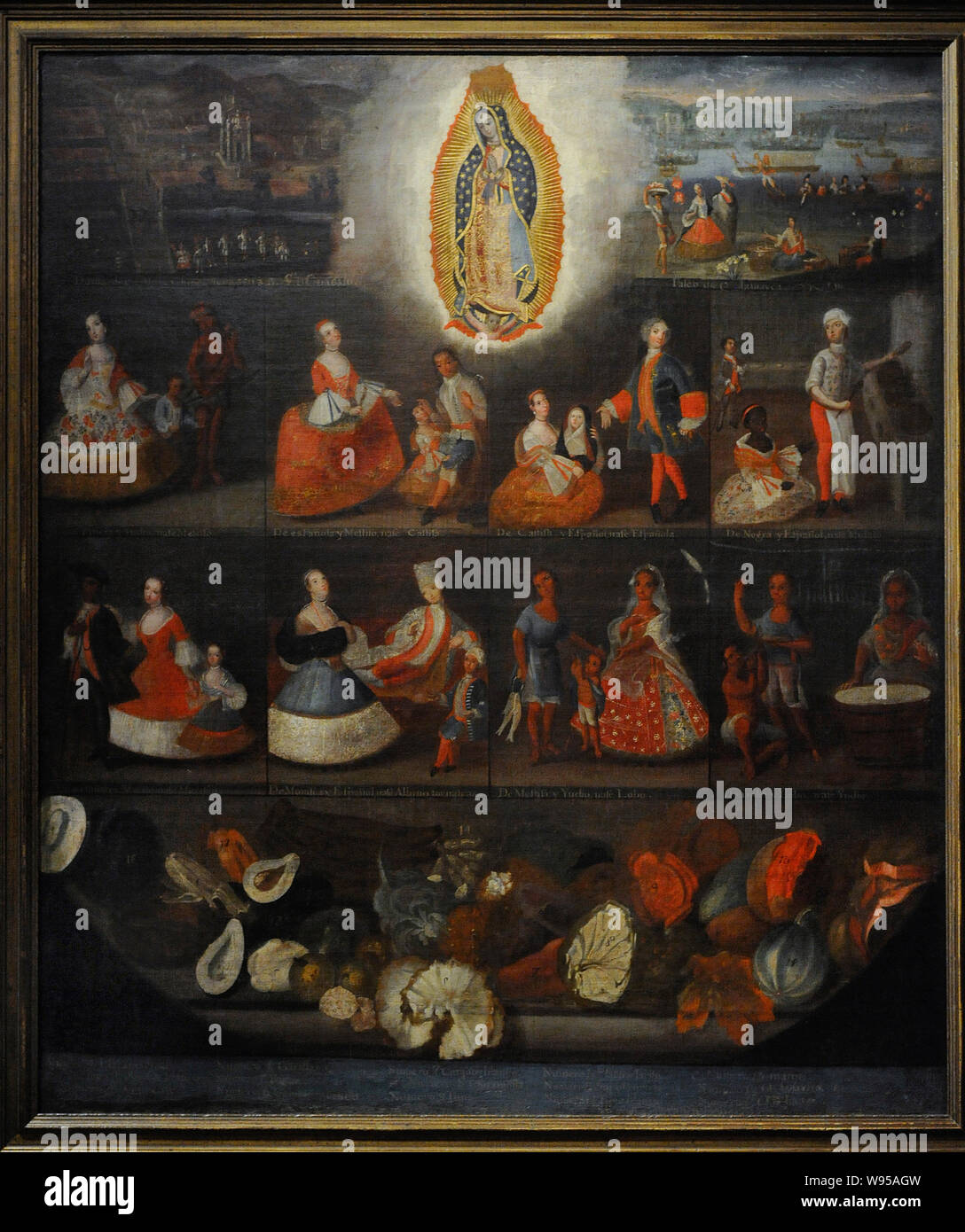 Luis de Mena (Mexican artist). 'Castas', ca. 1750. Casta painting genre. Virgin of Guadalupe surrounded by people dancing before the Basilica and Mexican ride of Jamaica with boats. Central part: scenes of miscegenation. Bottom: still life of fruits. Oil on canvas (119 x 103 cm). Viceroyalty of New Spain. Mexico. Museum of the Americas. Madrid, Spain. Stock Photo