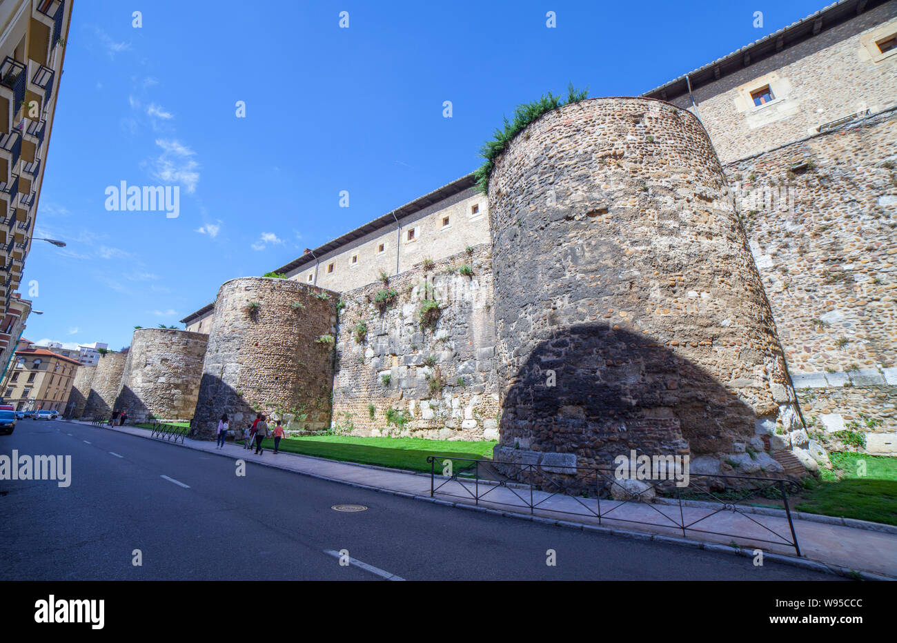Leon, Spain - June 25th 2019: Leon roman city walls. Built in the 1st century BC and enlarged in the 3rd-4th centuries AD Stock Photo