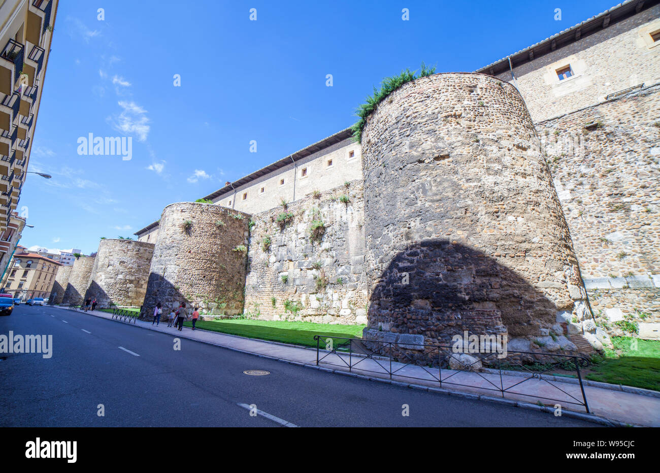 Leon, Spain - June 25th 2019: Leon roman city walls. Built in the 1st century BC and enlarged in the 3rd-4th centuries AD Stock Photo