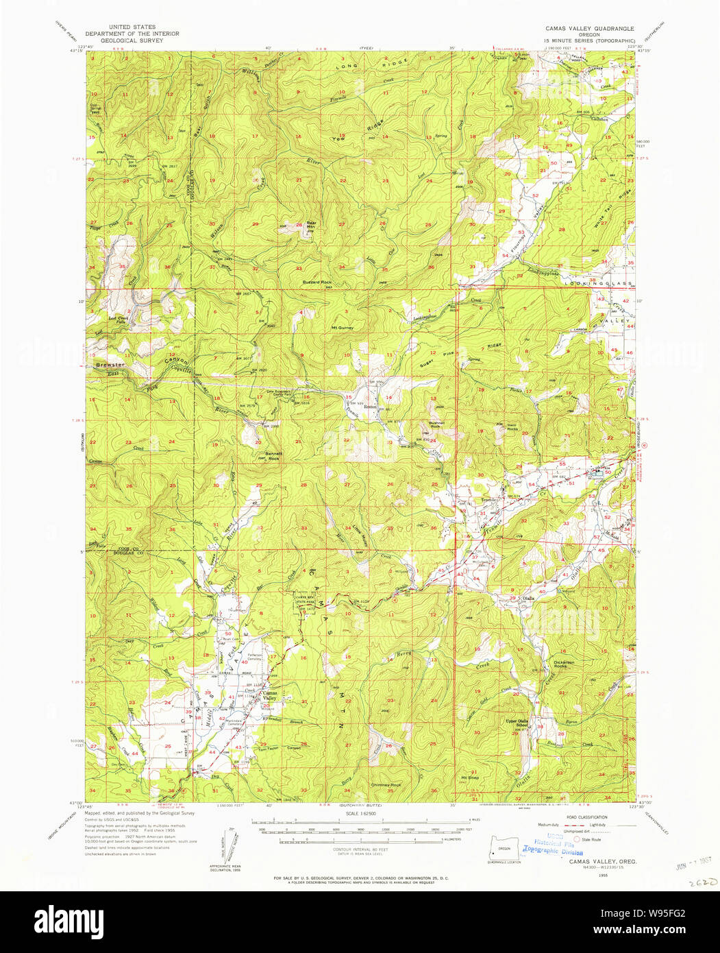 USGS Topo Map Oregon Camas Valley 282299 1955 62500 Restoration Stock Photo