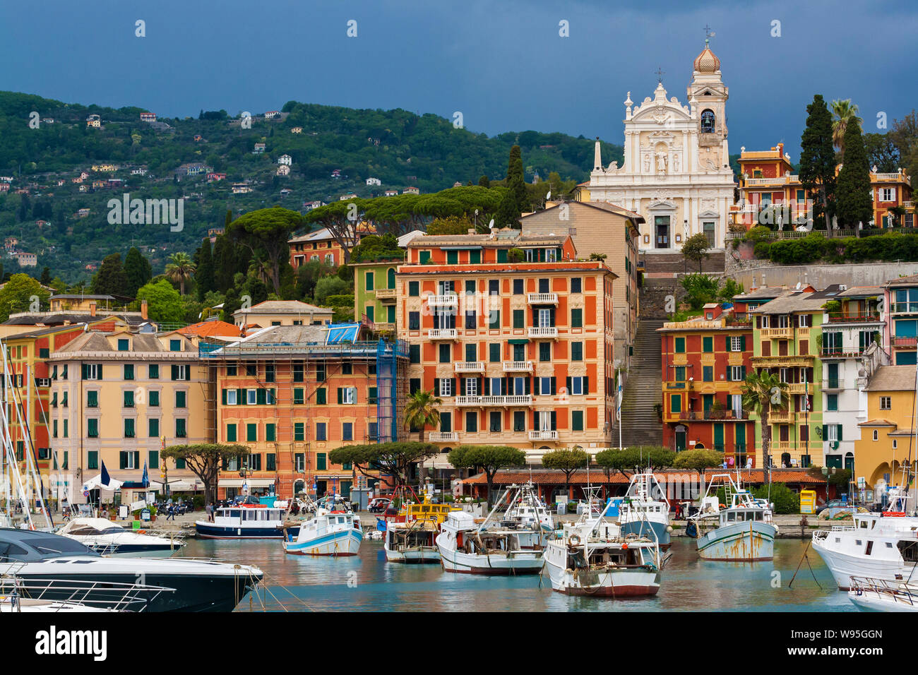 View of the Santa Margherita Ligure city with her colored houses in Liguria, Italy Stock Photo