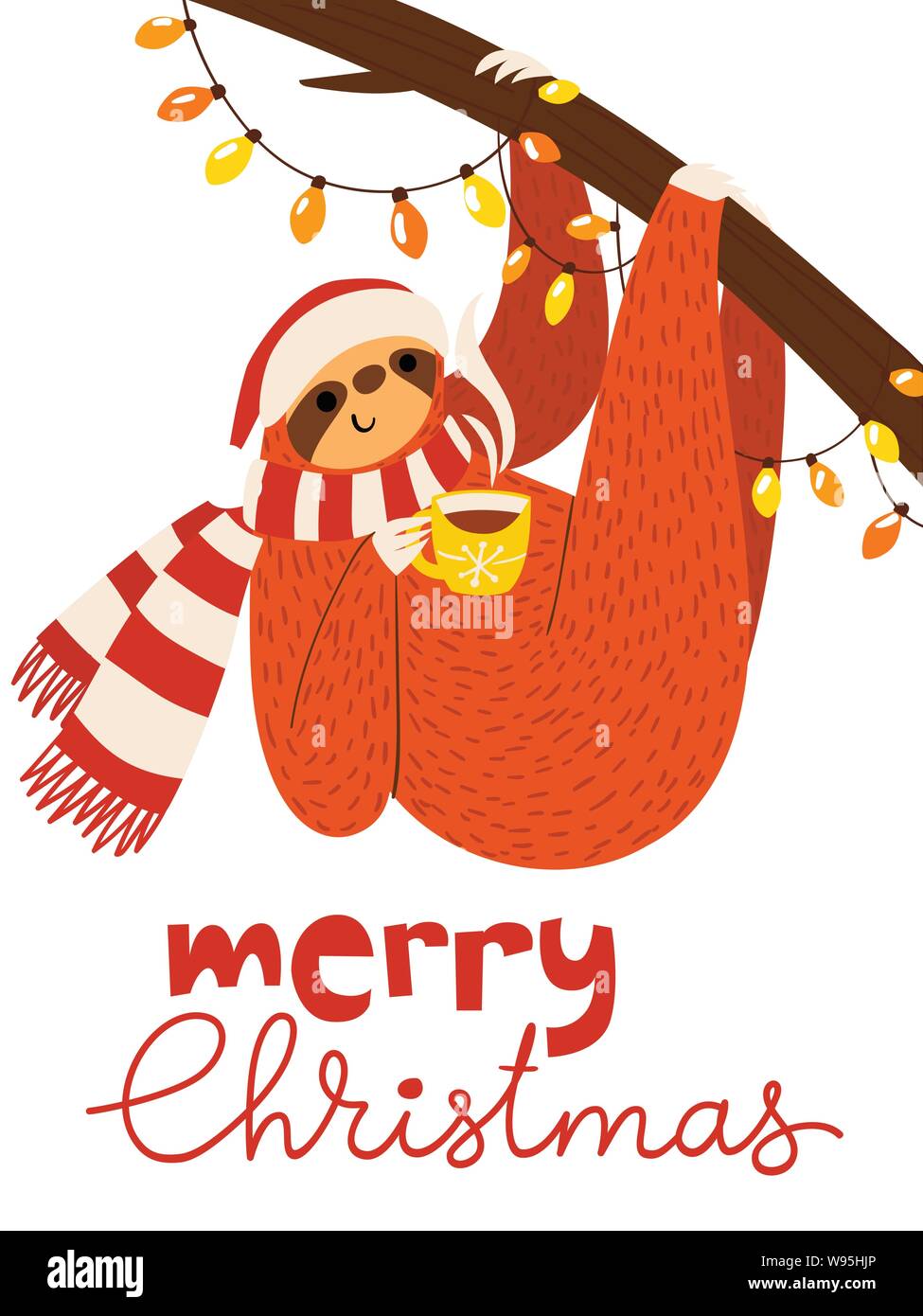 Vector Merry Christmas card with cute funny sloth with coffee cup and lights Stock Vector