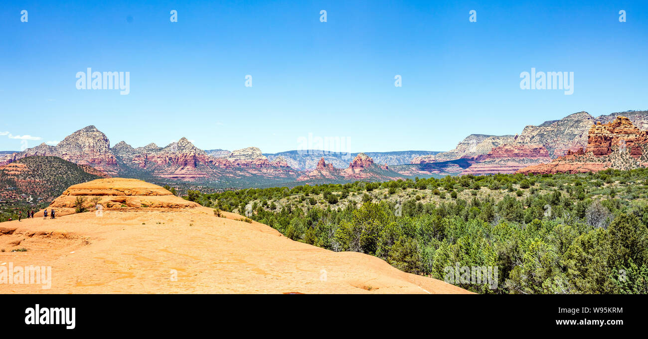 Sedona Arizona southwest US of America. Panoramic view of red orange color rock formations, desert sandstone landscape, clear blue sky, sunny spring d Stock Photo
