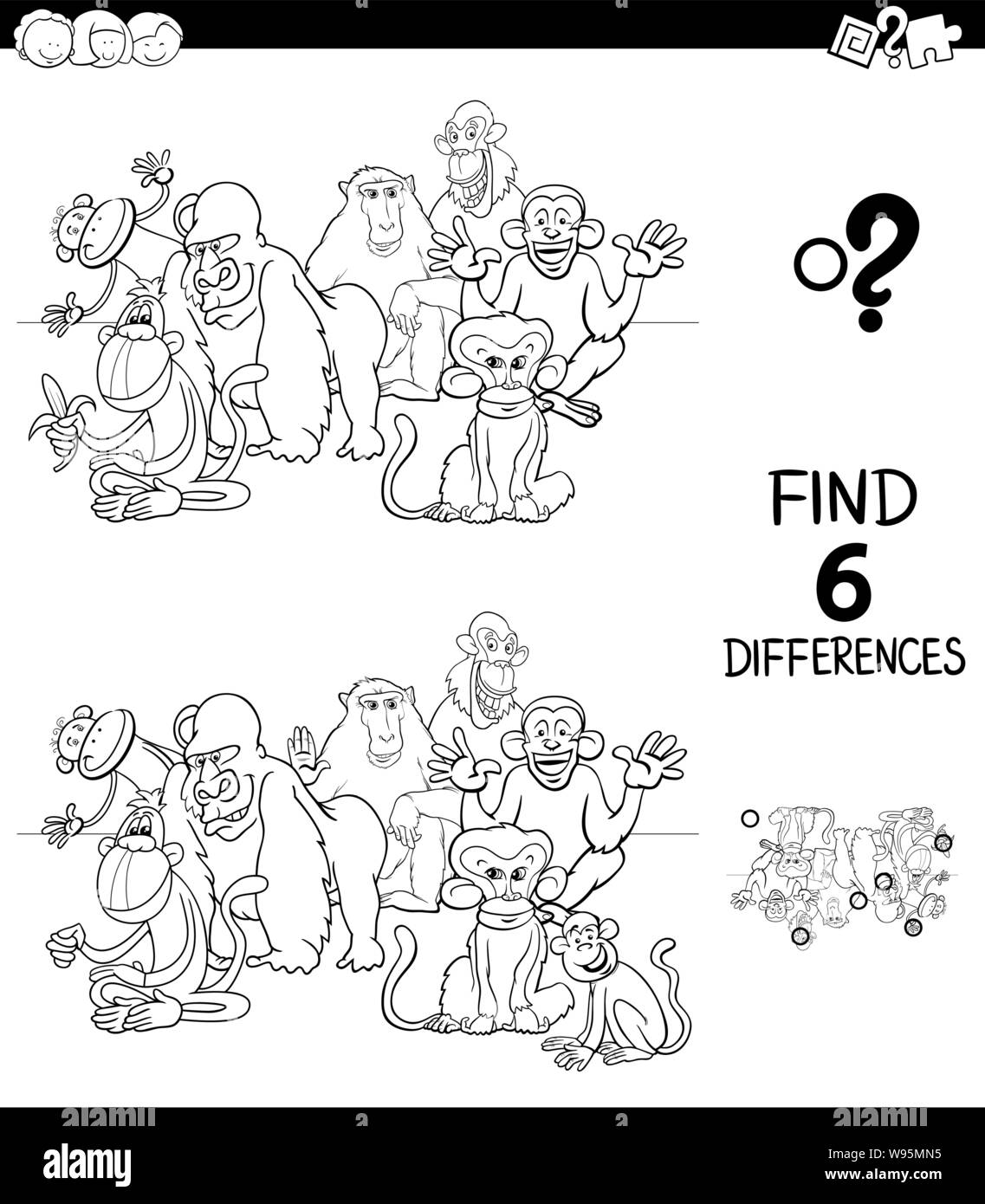 Black and White Cartoon Illustration of Finding Six Differences Between Pictures Educational Game for Children with Monkeys Animal Characters Coloring Stock Vector