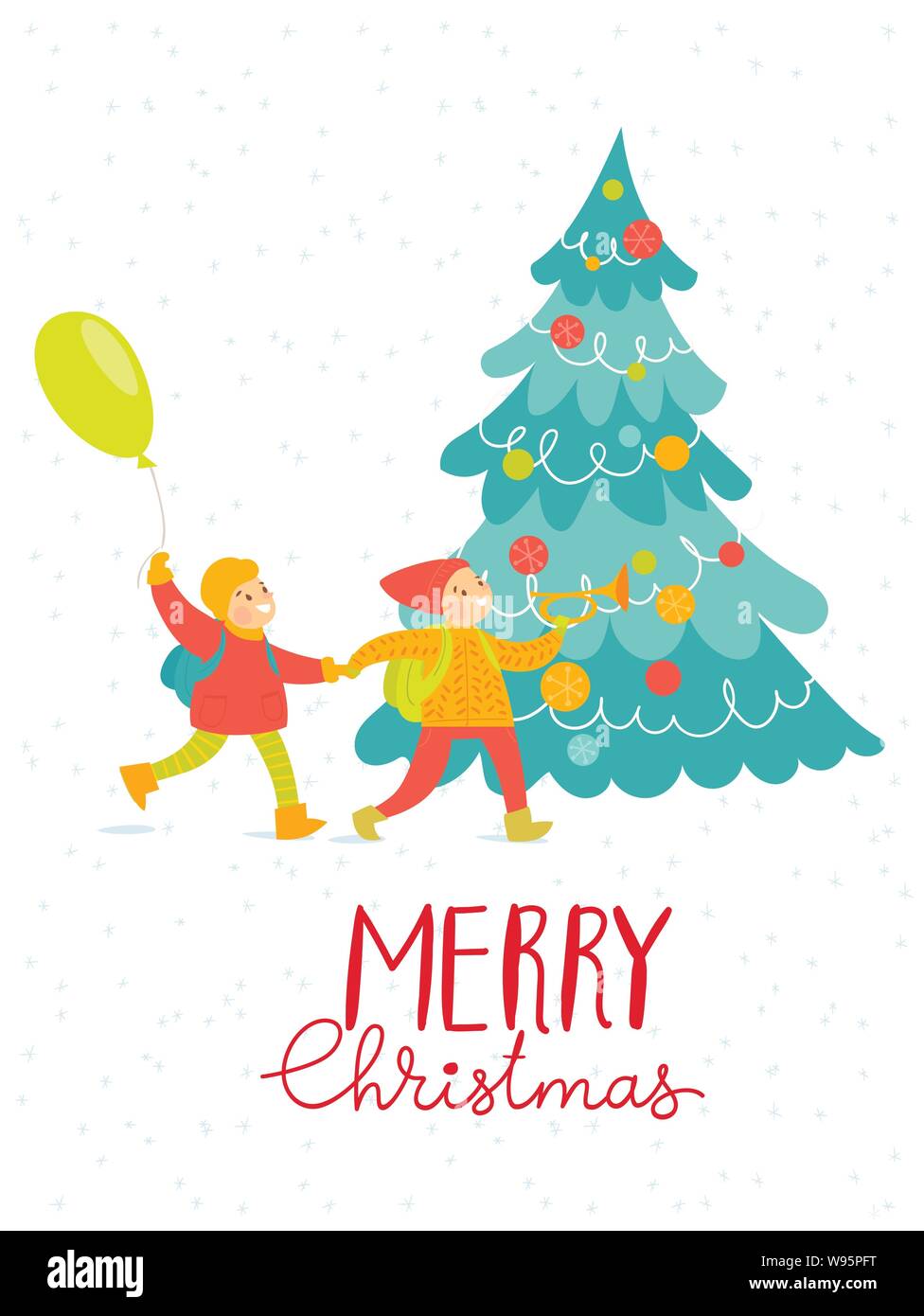 Merry Christmas vector card with happy children Stock Vector