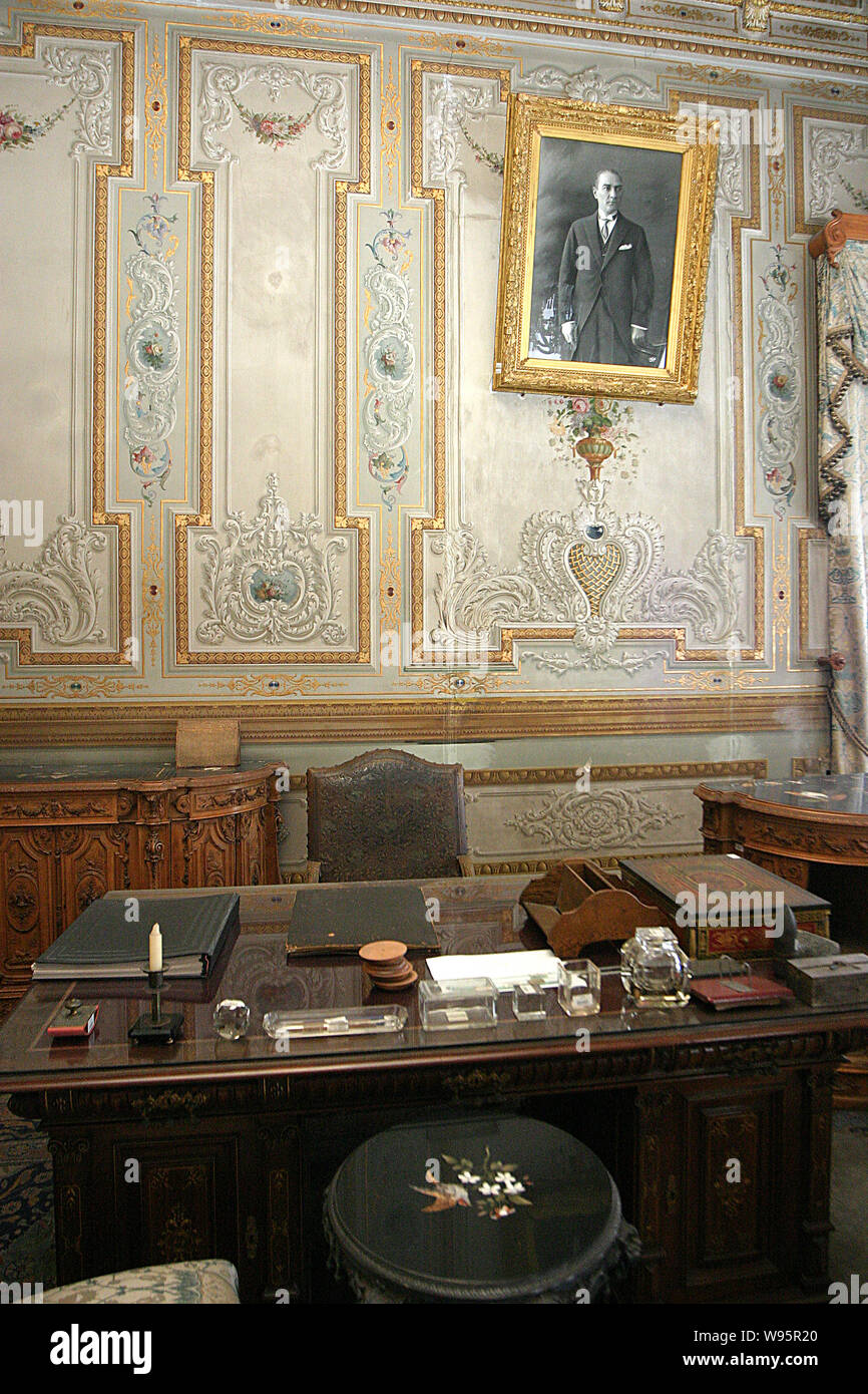 Mustafa Kemal Ataturk's working room at Dolmabahce Palace in Istanbul, Turkey. Palace is administrative center of the Ottoman Empire from 1856 to 1922 Stock Photo