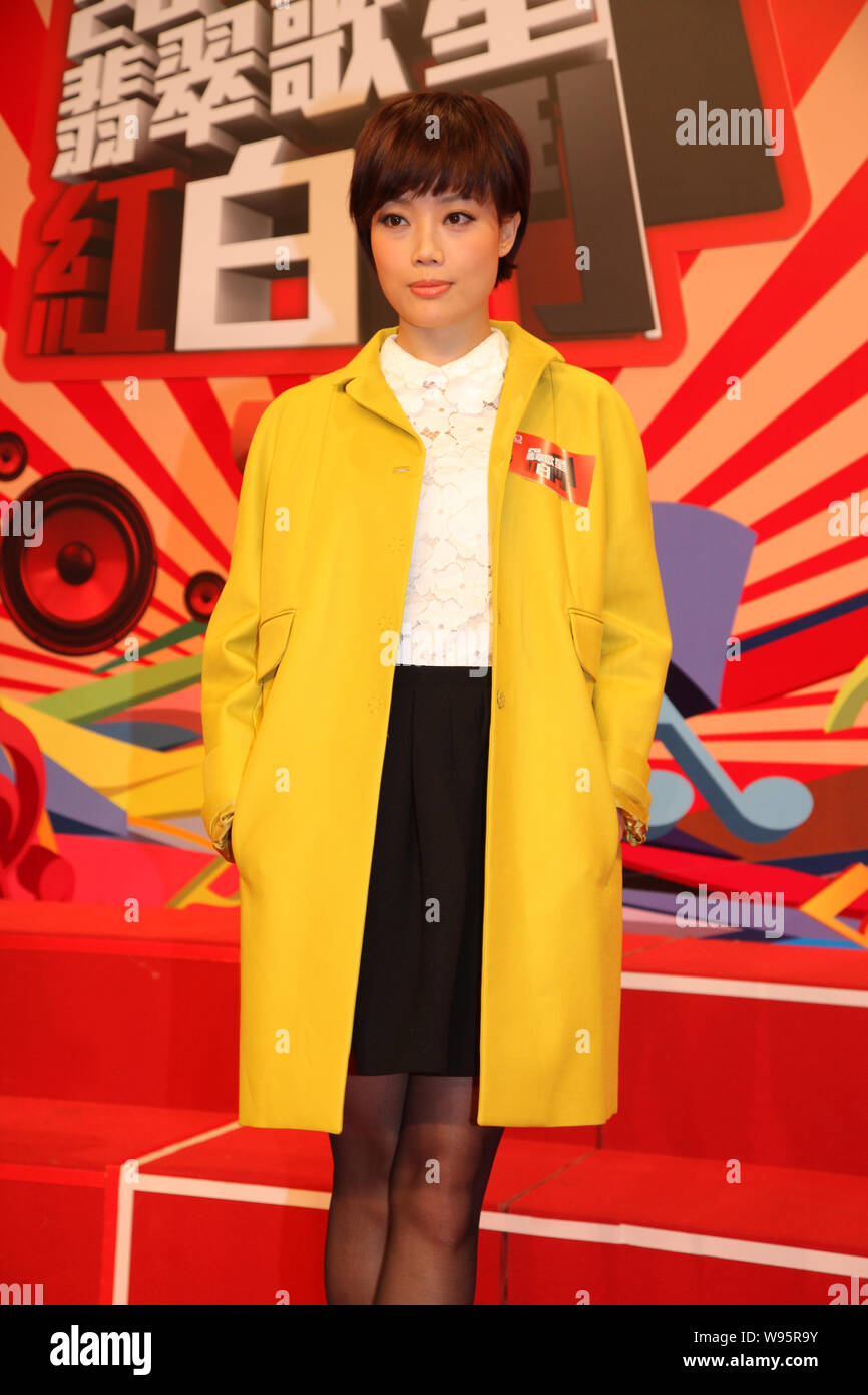 Hong Kong singer Joey Yung poses during a promotional activity for 2012 TVB Jades Red and White Battle, a singing competition held by local cable netw Stock Photo