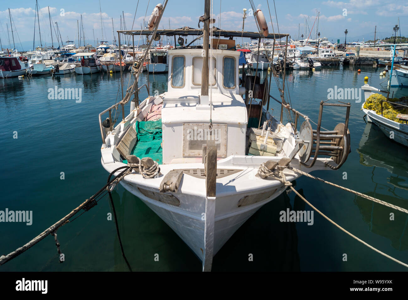 old  traditional wooden fishing boat in marina Stock Photo