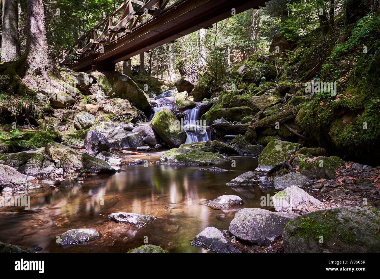 Small waterfall behind a wooden bridge at Ravenna canyon (Ravennaschlucht) in the Black Forest, Germany Stock Photo