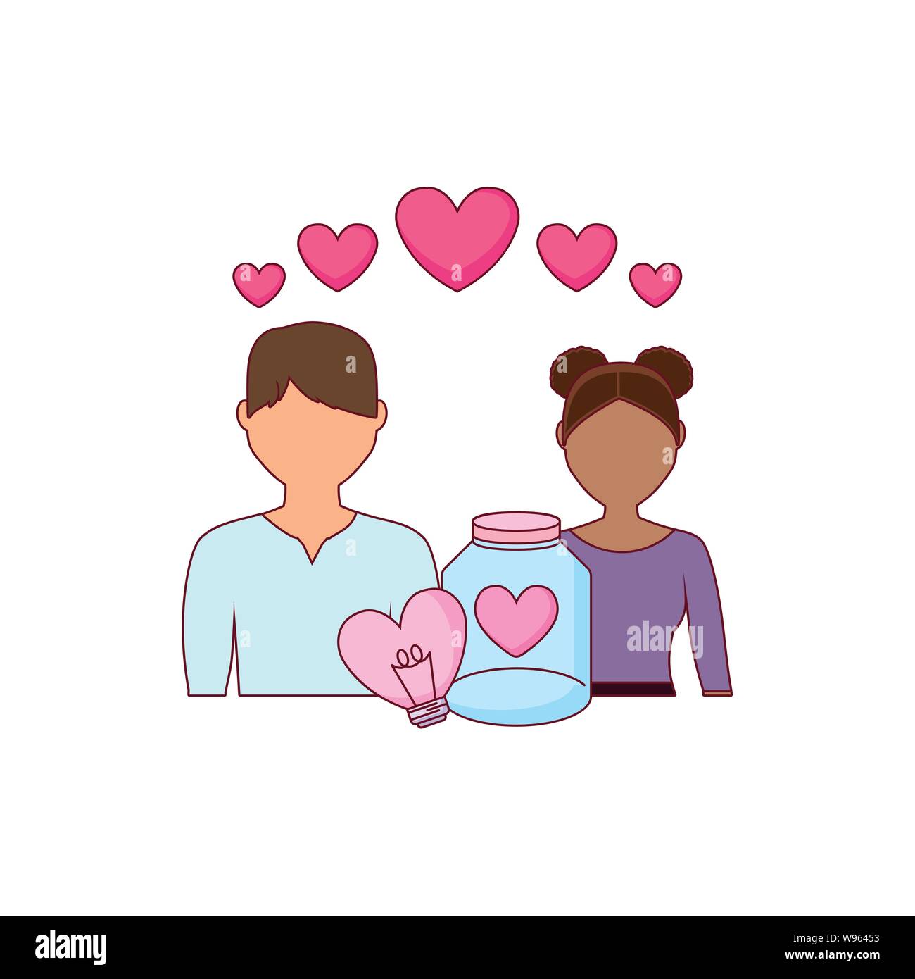 young couple lovers with hearts and icons vector illustration design ...