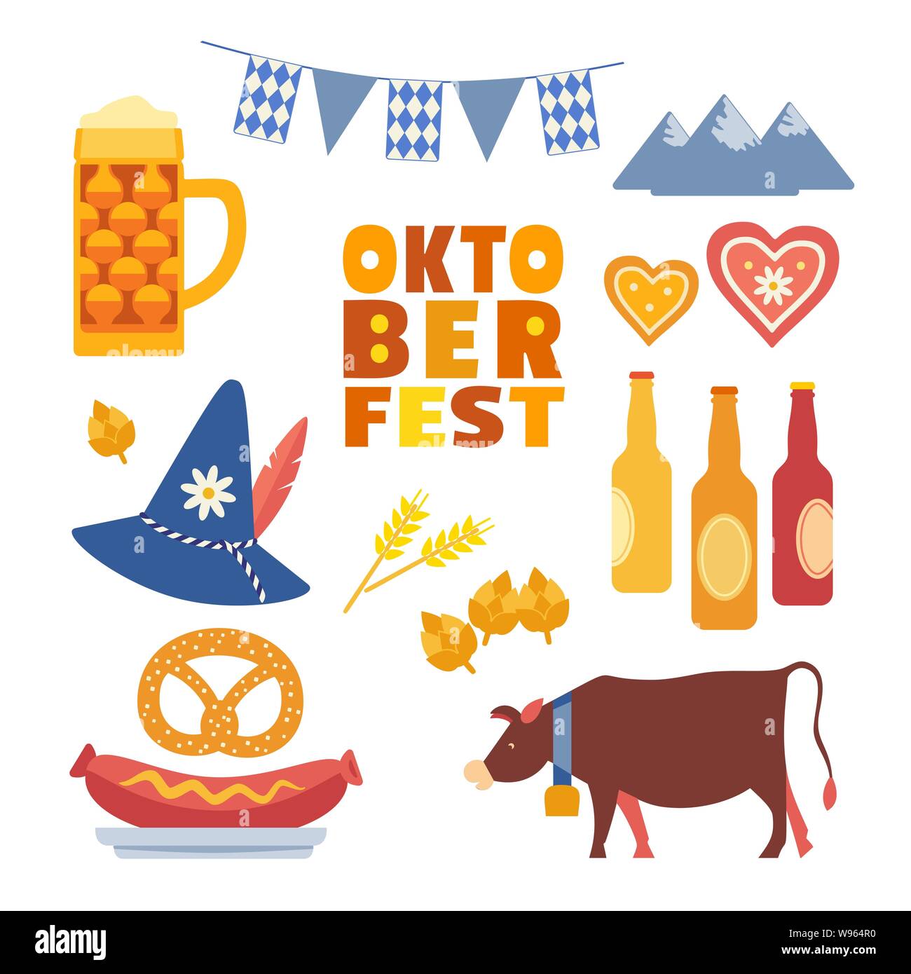Hand drawn Oktoberfest flat color vector icon set Stock Vector