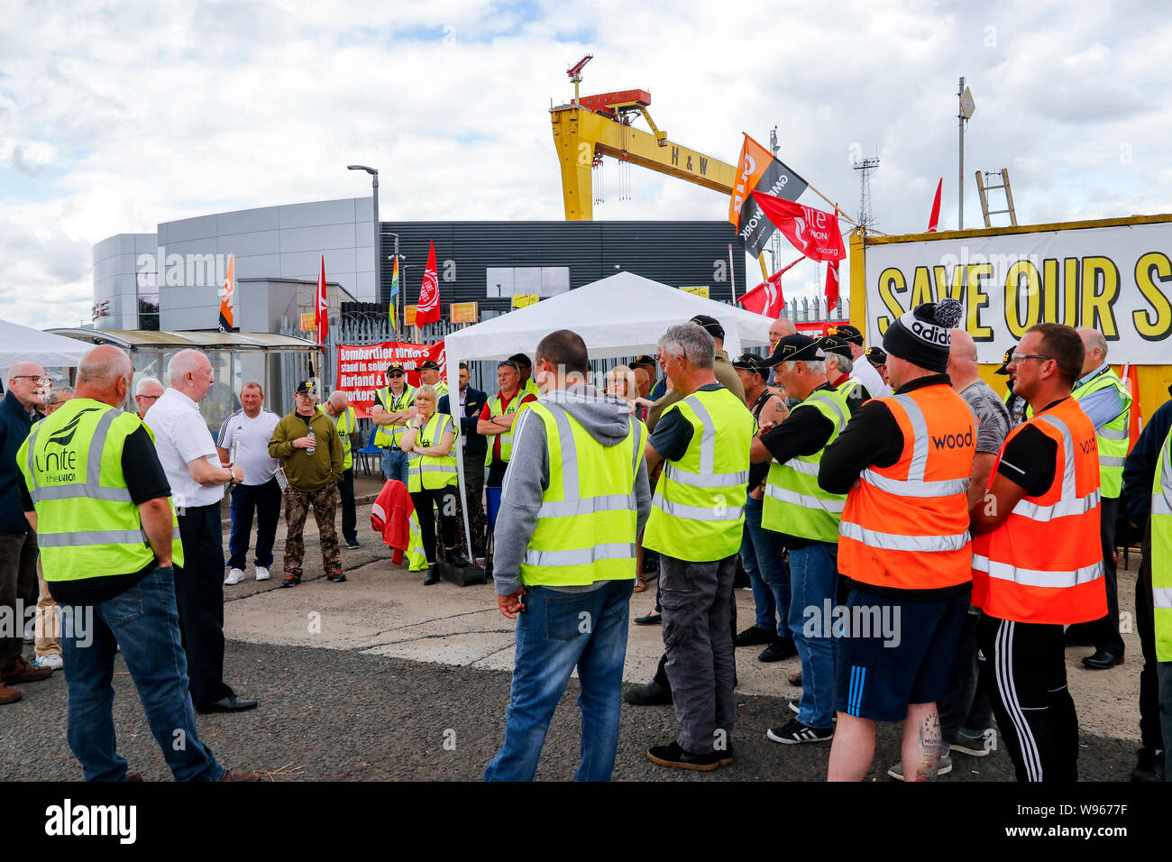 Workers protest against the proposed closure of Harland and Wolff, the famous Belfast shipyard where the RMS Titanic was built Stock Photo