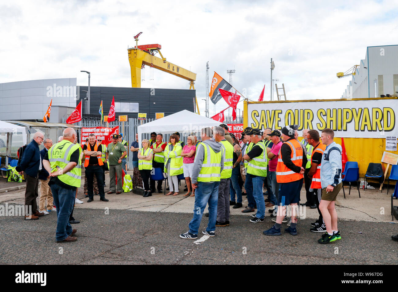 Workers protest against the proposed closure of Harland and Wolff, the famous Belfast shipyard where the RMS Titanic was built Stock Photo