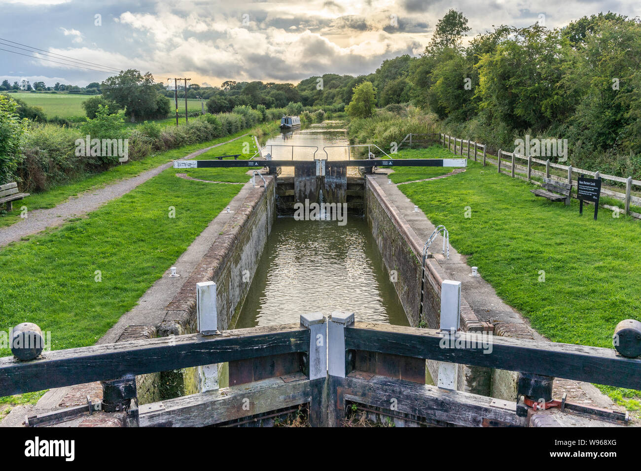 Canal lock during sunset at the Kennet and Avon Canal in Wiltshire, England, UK Stock Photo