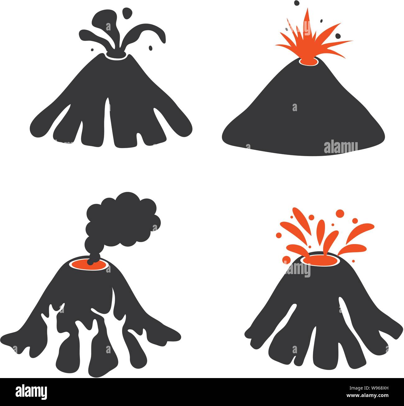 vector set of volcano icons isolated on white background. graphic logo of volcano eruption with mountain, lava and smoke for nature illustrations Stock Vector