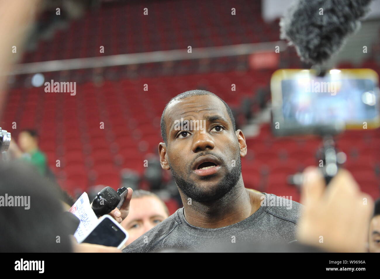 LeBron James of the Miami Heat is interviewed during a training session in Beijing, China, 10 October 2012.   The Miami Heat and the Los Angeles Clipp Stock Photo