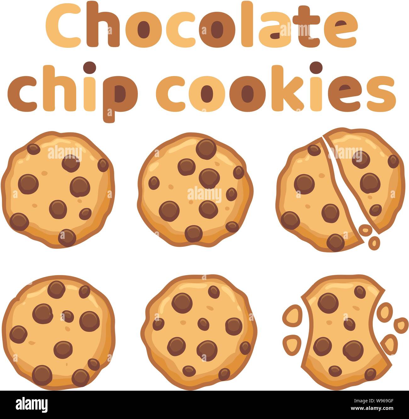 vector set of chocolate chip whole, broken and bitten cookies isolated on white background. symbols of homemade biscuit choc cookie with a bite and cr Stock Vector