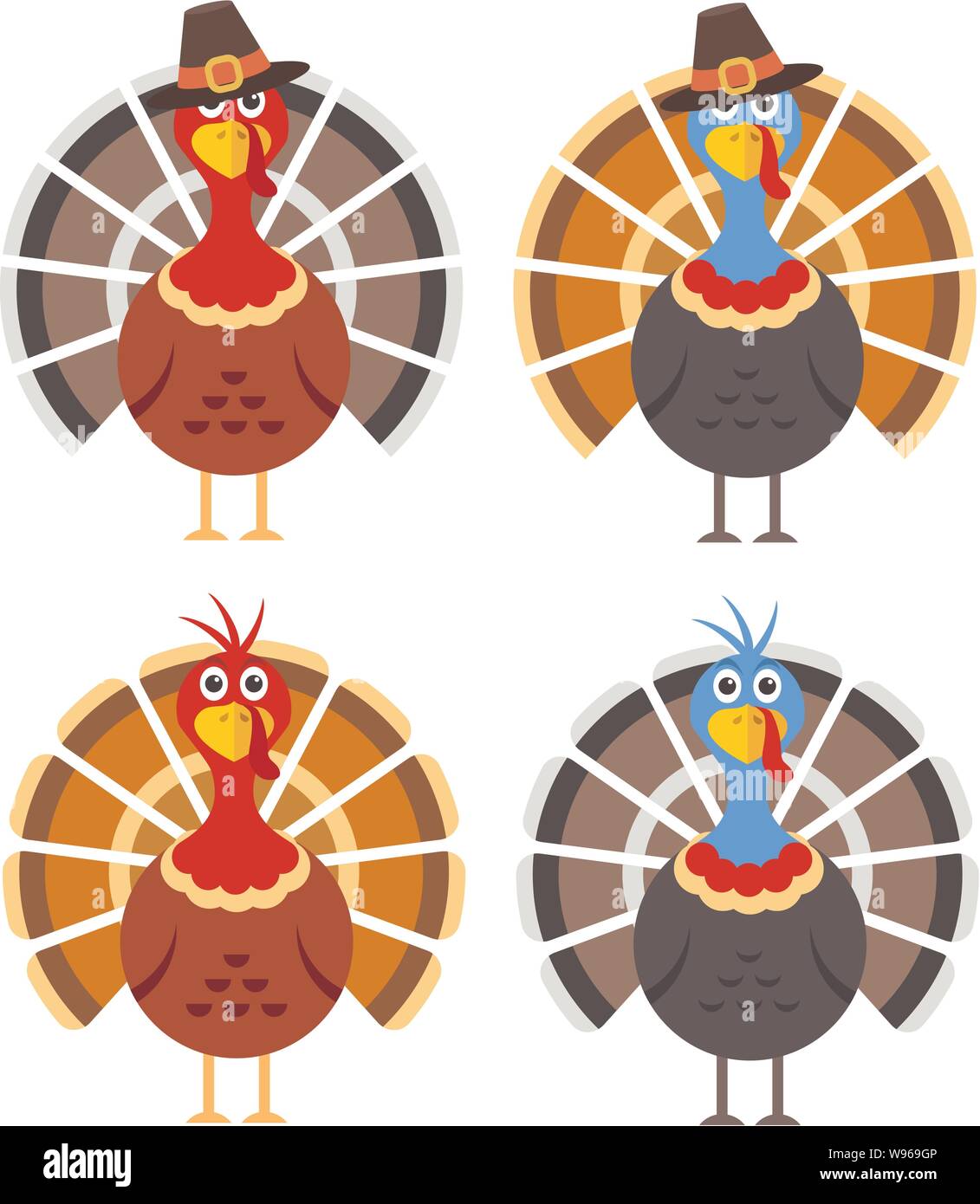 vector set of cartoon turkey birds for thanksgiving day illustrations. colorful icons of thanksgiving turkey, flat style Stock Vector