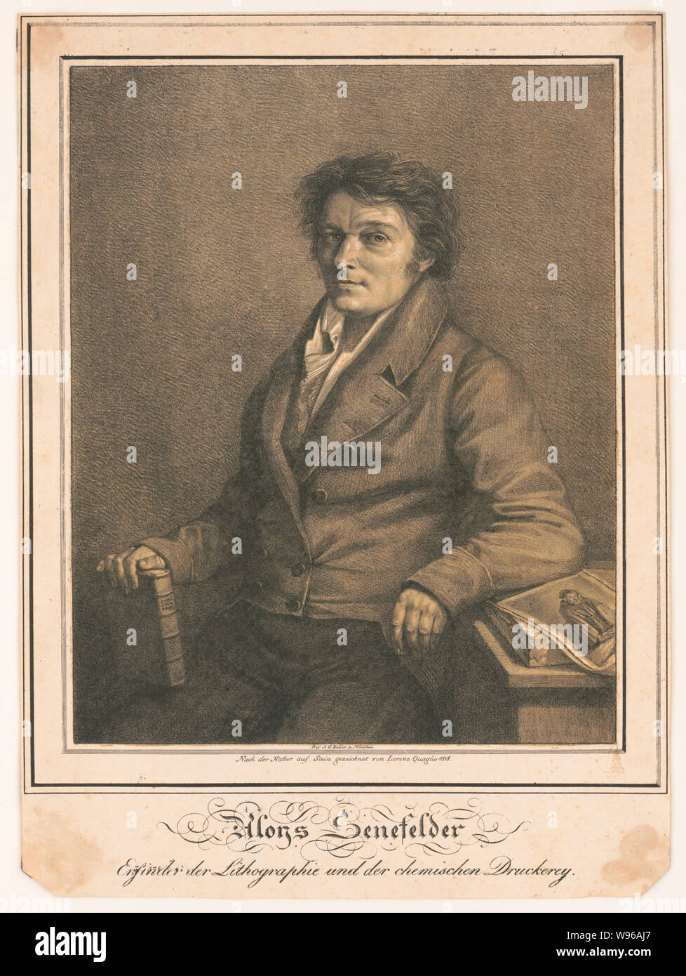 Aloys Senefelder--Enfinder der Lithographic und der chemischen Druckerey / Nach der Natur auf Stein gezeichnet von Lorenz Quaglio 1818. Stock Photo