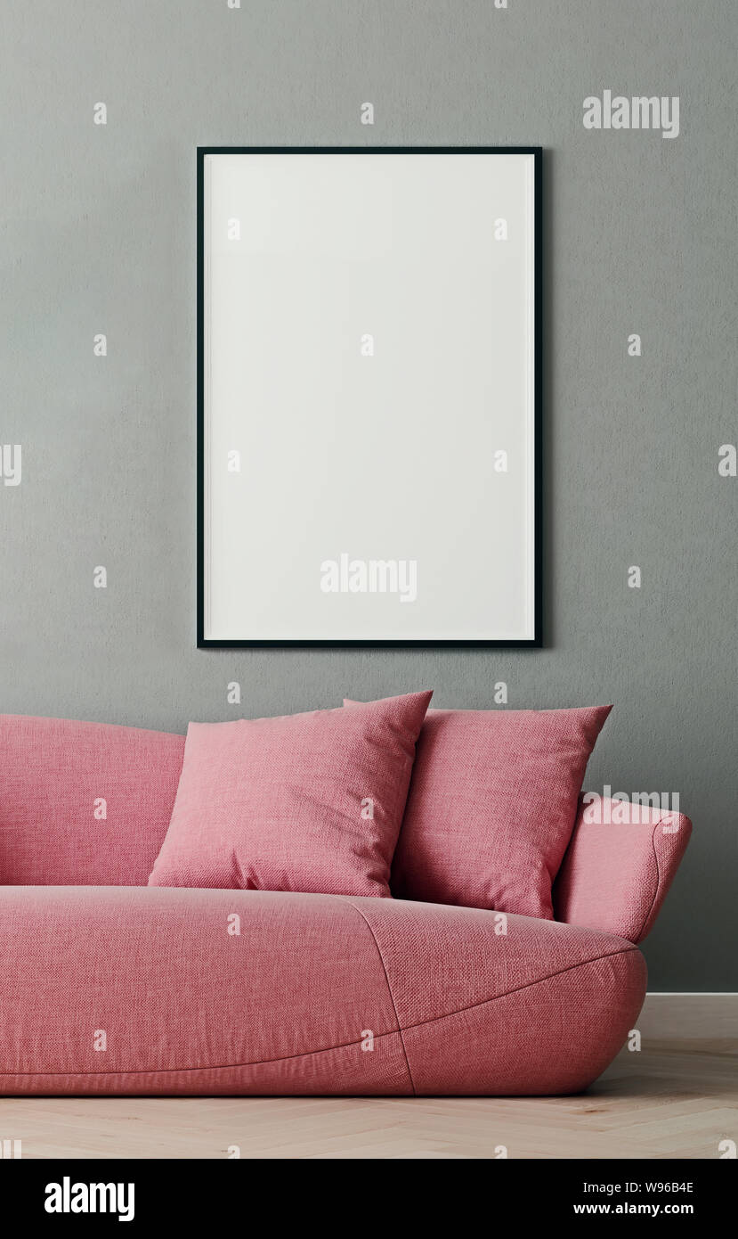 Vertical mock up poster frame in modern interior background, millennial pink sofa in living room, Scandinavian style, 3D render, 3D illustration Stock Photo