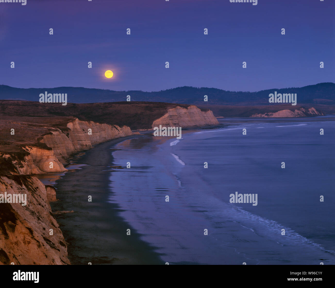 Moonrise, Drake's Beach, Point Reyes National Seashore, Marin County, CA Stock Photo