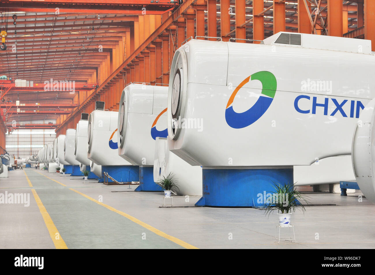 Wind turbine generator compoments are seen at a wind power plant in Zouping county, Binzhou city, east Chinas Shandong province, 5 July 2012.    The U Stock Photo